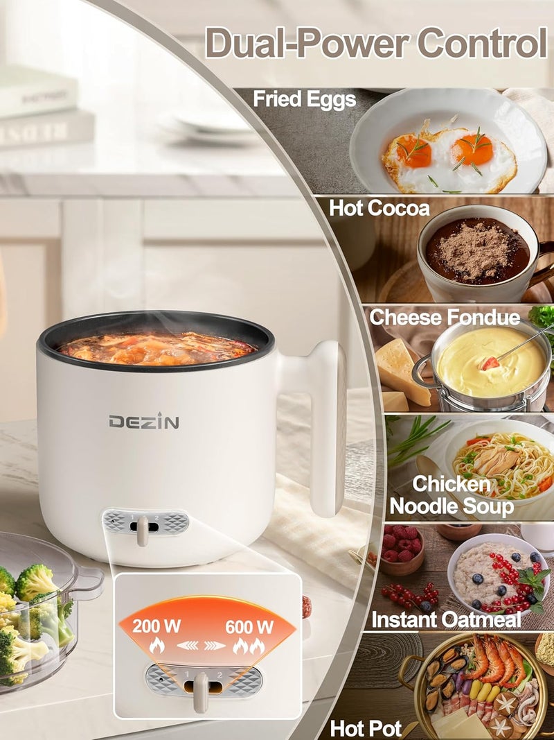 DEZIN Electric Pot with Steamer, 1.8L Dual Power Ramen Cooker, Portable Non-Stick Hot Pot Electric for Soup, Pasta, Egg, Oatmeal, Overheat & Boil-Dry Protection, Ideal for Dorm, Office(Beige) - Image 4